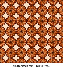 Seamless pattern composed of circular rotary figures in brown and orange hues on the muted background