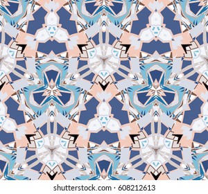 Seamless pattern. Composed of color abstract shapes located on a white background. Useful as design element for texture and artistic compositions.