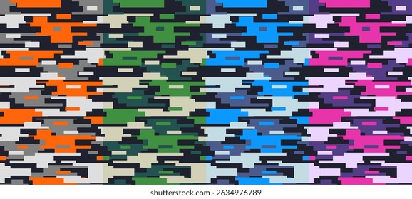seamless pattern composed of colorful camouflage in vivid tones, combining abstract geometric shapes to create a visually striking and modern look. 