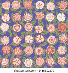 Seamless pattern composed of colorful flowers of carnations and leaves.