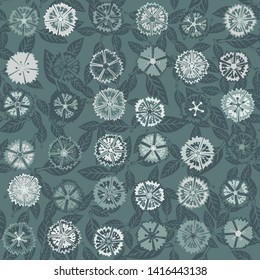 Seamless pattern composed of colorful flowers of carnations and leaves.