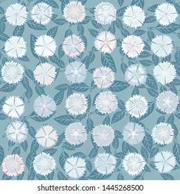 Seamless pattern composed of colorful flowers of carnations and leaves.