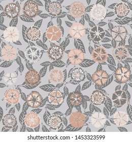 Seamless pattern composed of colorful flowers of carnations and leaves.