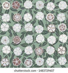 Seamless pattern composed of colorful flowers of carnations and leaves.
