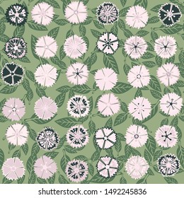 Seamless pattern composed of colorful flowers of carnations and leaves.