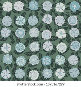 Seamless pattern composed of colorful flowers of carnations and leaves.
