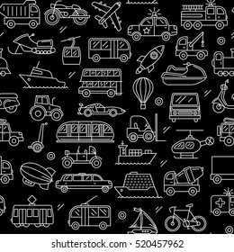 Seamless pattern composed of contour icon consisting of a variety of vehicles. On a black background.