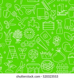 Seamless pattern composed of contour icons - Flower and gardening. On a bright green background.
