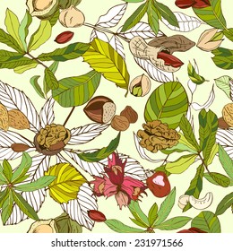 Seamless pattern composed of different nuts with leaves, colored
