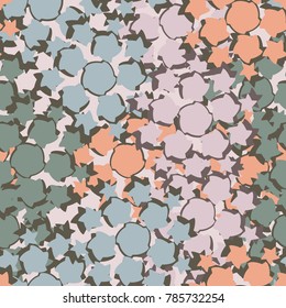 A seamless pattern composed of distorted five-pointed stars. Six-color texture. Autumn colors. To apply for tourist and beach clothing, backgrounds of sites and games, 3d models.