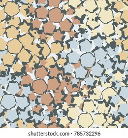 A seamless pattern composed of distorted five-pointed stars. Six-color texture. Autumn colors. To apply for tourist and beach clothing, backgrounds of sites and games, 3d models.