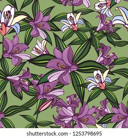 Seamless pattern composed of flowers of lilies. Light green background. Vector illustration.