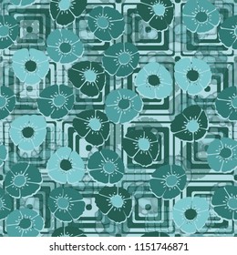 A seamless pattern composed of flowers, located on an abstract background with a grid consisting of concentric squares.