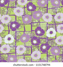 A seamless pattern composed of flowers, located on the background of a grid consisting of skew-crossed squares.