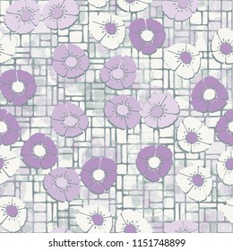 A seamless pattern composed of flowers, located on the background of a grid consisting of rectangles with rounded corners.