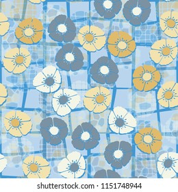 A seamless pattern composed of flowers, located on the background of a grid consisting of skew-crossed squares.