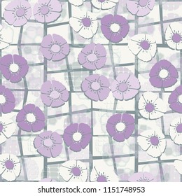 A seamless pattern composed of flowers, located on the background of a grid consisting of skew-crossed squares.