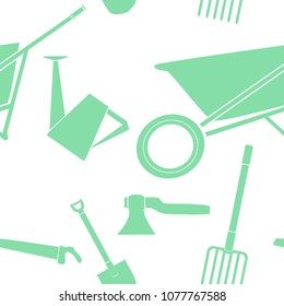 seamless pattern composed of green garden equipment icons such as watering can, wheelbarrow, hose, shovel, rake