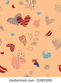 Seamless pattern composed of hearts, flowers, lips, and doodles