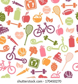 Seamless pattern composed from icons representing healthy lifestyle.