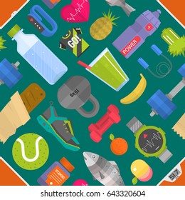 Seamless pattern composed from icons representing healthy lifestyle sport background vector illustration