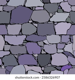 A seamless pattern composed of irregularly shaped stones in various shades of purple and gray. textured and layered look. For decorative prints in old architectural style