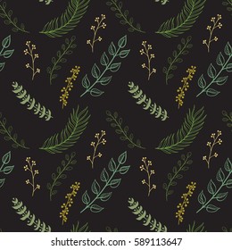 Seamless pattern composed of leaves and branches. Vector.