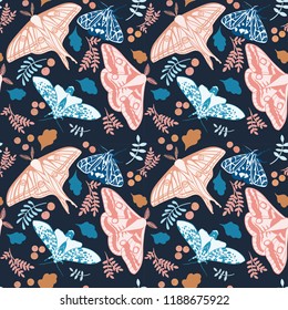 A seamless pattern composed of moths and plant twigs