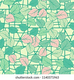 A seamless pattern composed of multicolored leaves scattered on a texture consisting of divided squares.