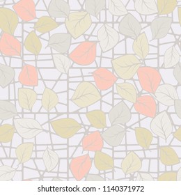 A seamless pattern composed of multicolored leaves scattered on a texture consisting of divided squares.