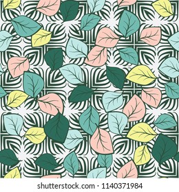 A seamless pattern composed of multicolored leaves scattered on a texture consisting of four-petalled pointed abstract flowers.