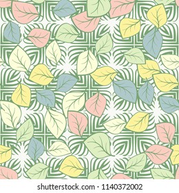 A seamless pattern composed of multicolored leaves scattered on a texture consisting of four-petalled pointed abstract flowers.