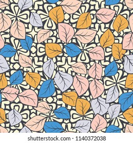 A seamless pattern composed of multi-colored leaves scattered on a texture consisting of four-petalled symbolic flowers.