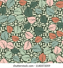 A seamless pattern composed of multi-colored leaves scattered on a texture consisting of four-petalled symbolic flowers.