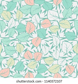 A seamless pattern composed of multi-colored leaves scattered on a texture consisting of four-pointed stars with splashes.