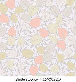 A seamless pattern composed of multi-colored leaves scattered on a texture consisting of four-pointed stars with splashes.