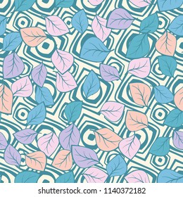 A seamless pattern composed of multicolored leaves scattered on a texture consisting of spindle-shaped concentric figures.