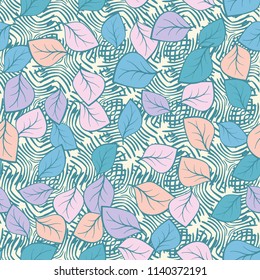 A seamless pattern composed of multicolored leaves scattered on a texture consisting of groups of curved lines.