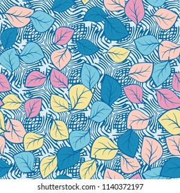 A seamless pattern composed of multicolored leaves scattered on a texture consisting of groups of curved lines.