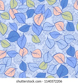 A seamless pattern composed of multi-colored leaves scattered on a texture consisting of five-pointed star groups.