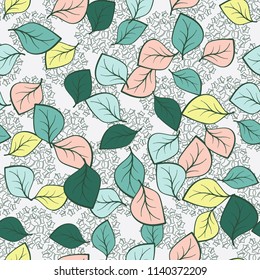 A seamless pattern composed of multi-colored leaves scattered on a texture consisting of five-pointed star groups.