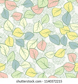 A seamless pattern composed of multi-colored leaves scattered on a texture consisting of five-pointed star groups.