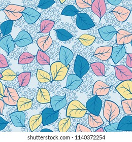 A seamless pattern composed of multi-colored leaves scattered on a texture consisting of five-pointed star groups.