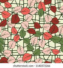 A seamless pattern composed of multicolored leaves scattered on a texture consisting of divided squares.