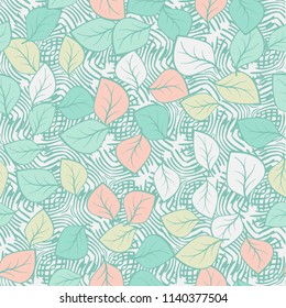 A seamless pattern composed of multicolored leaves scattered on a texture consisting of groups of curved lines.