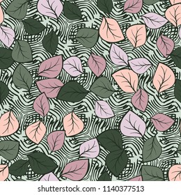 A seamless pattern composed of multicolored leaves scattered on a texture consisting of groups of curved lines.