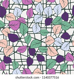 A seamless pattern composed of multicolored leaves scattered on a texture consisting of divided squares.