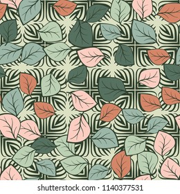 A seamless pattern composed of multicolored leaves scattered on a texture consisting of four-petalled pointed abstract flowers.