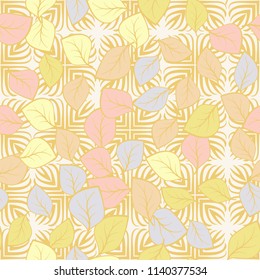 A seamless pattern composed of multicolored leaves scattered on a texture consisting of four-petalled pointed abstract flowers.