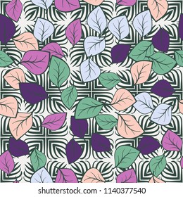 A seamless pattern composed of multicolored leaves scattered on a texture consisting of four-petalled pointed abstract flowers.